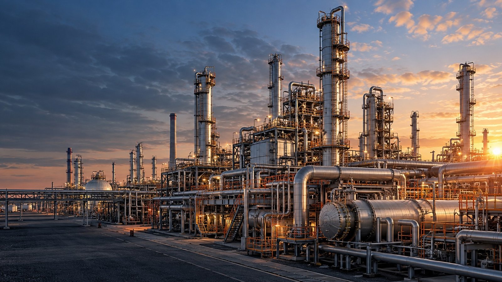 Illustrative petrochemical refinery at dawn